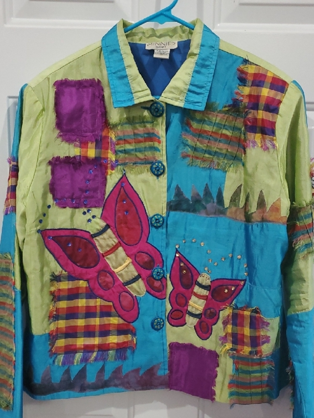 Minnie’s Colorblock Butterfly Embroidered Jean Jacket - Turquoise & Lime